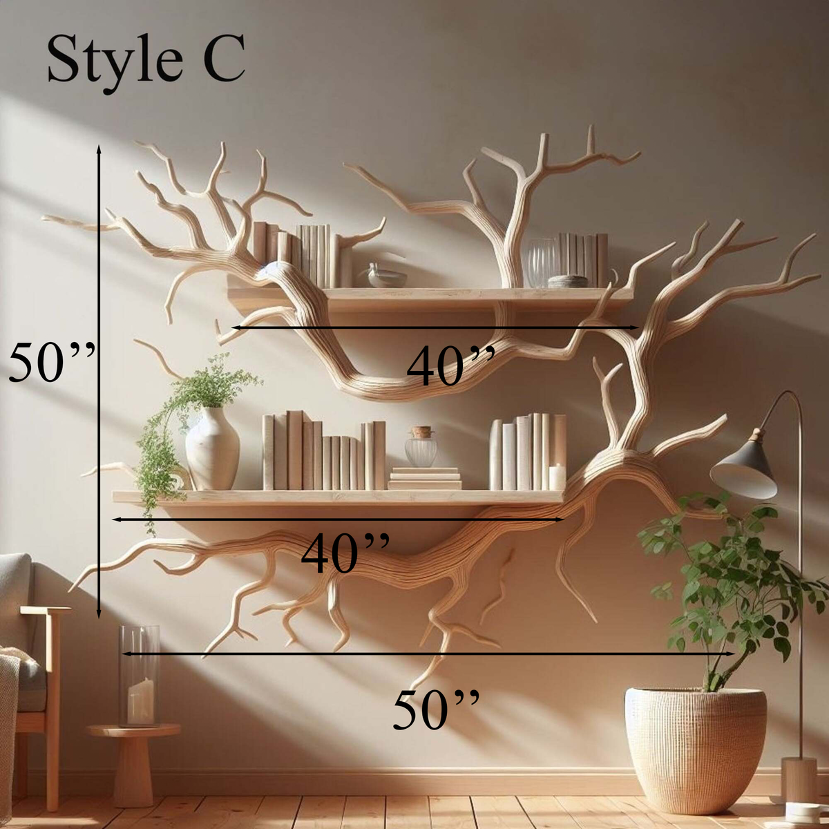Rustic Driftwood Tree Wall Bookshelf for Home Office in Natural finish