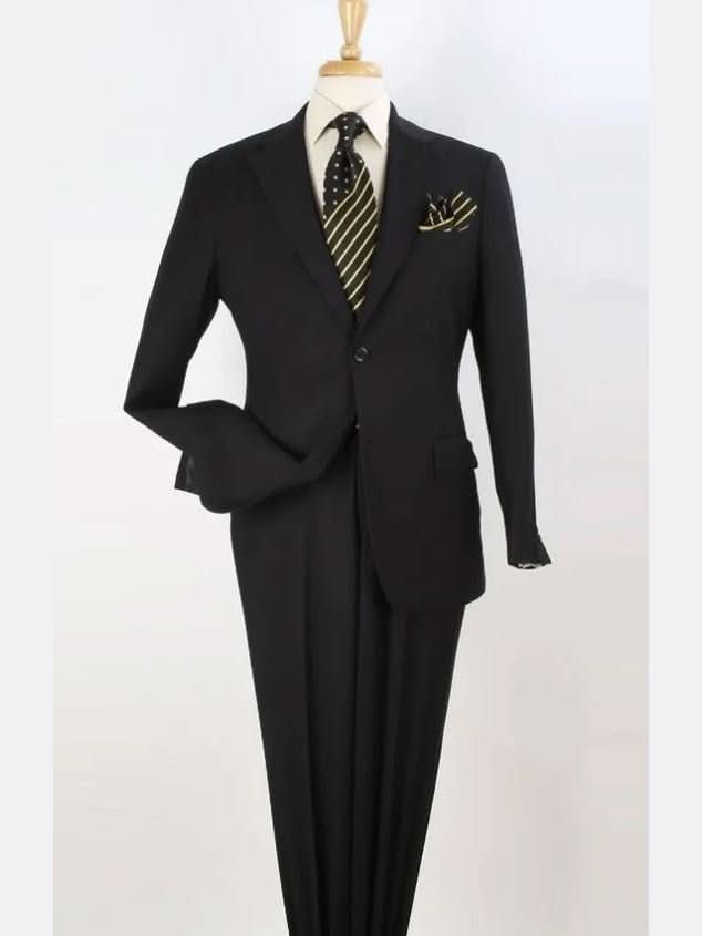 Men's Solid Black Wool Classic Fit 3-Piece Suit Peak Lapels