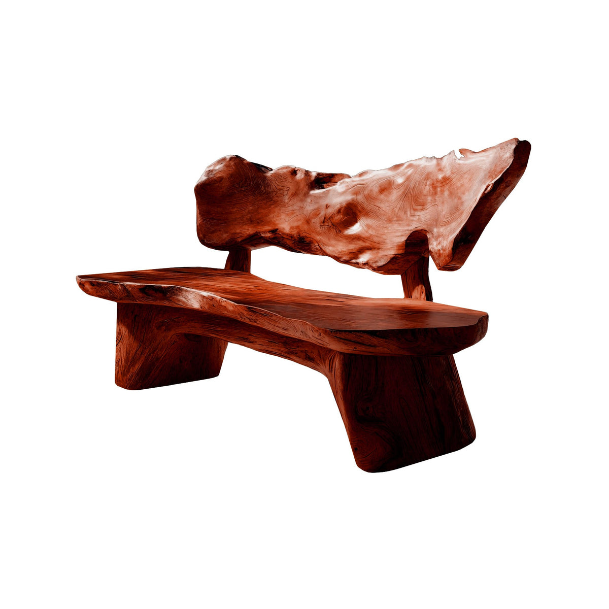 Handcrafted Solid Hardwood Outdoor Bench with Live Edge Backrest in Mahogany finish