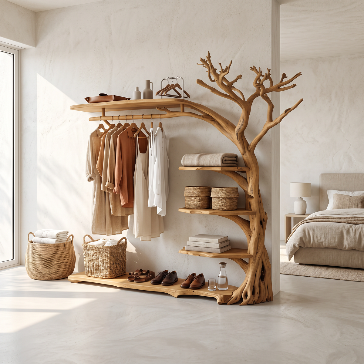 Rustic Tree Branch Coat Rack with Shoe Shelf and Live Edge in Oak finish