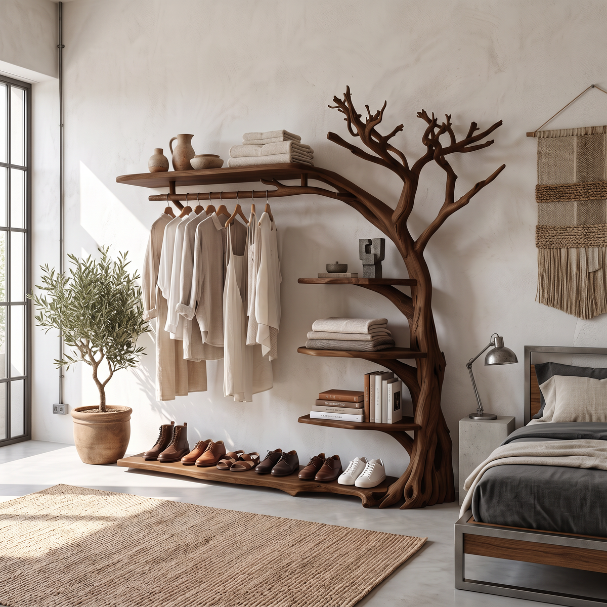 Rustic Tree Branch Coat Rack with Shoe Shelf and Live Edge in Walnut finish
