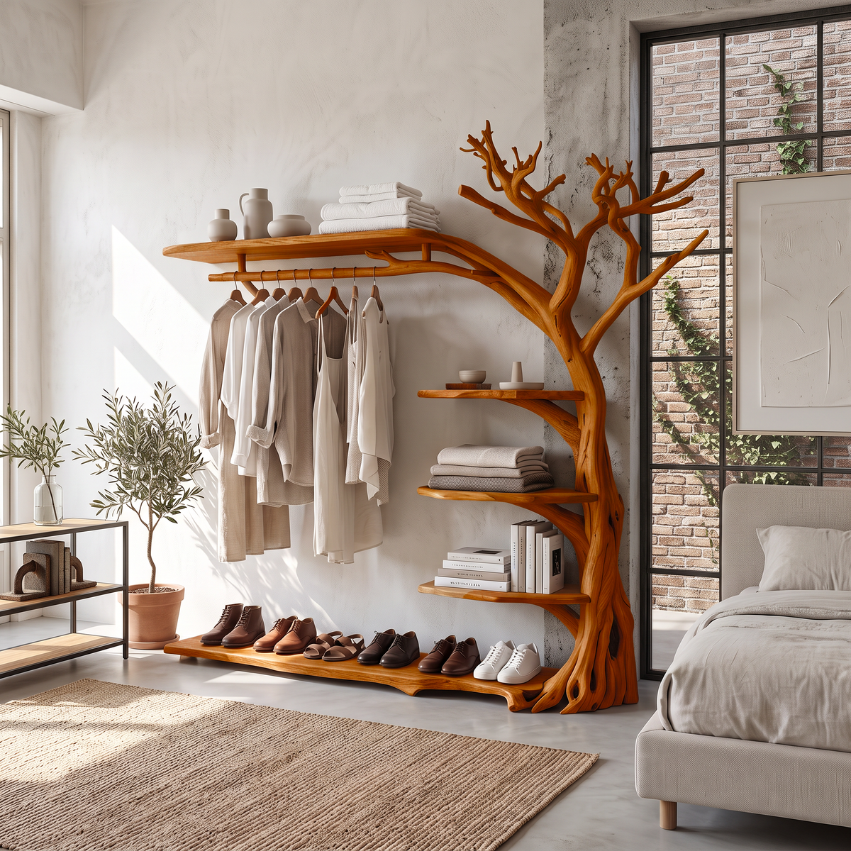 Rustic Tree Branch Coat Rack with Shoe Shelf and Live Edge in Brown finish