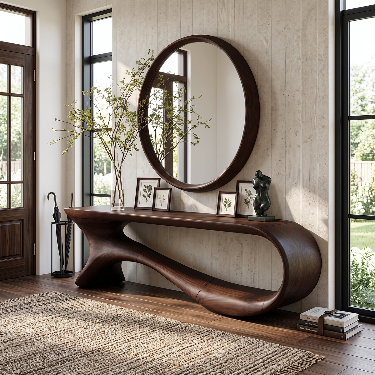 Mid-Century Curved Solid Wood Console Table for Hallways in Walnut finish