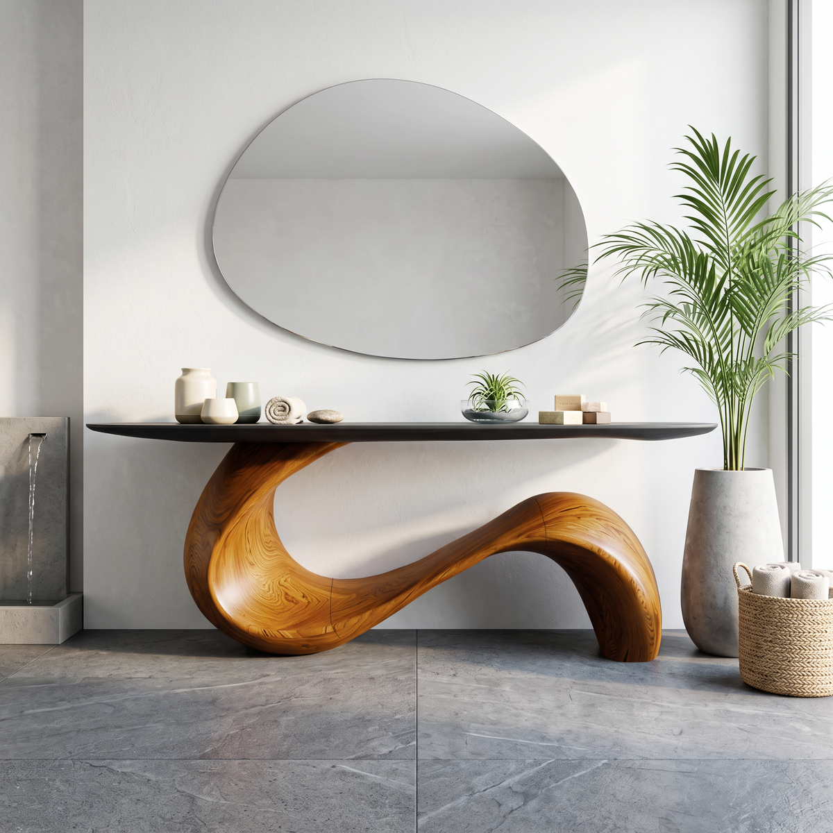 Mid-Century Sculptural Solid Wood Console Table for Entryway in Brown finish