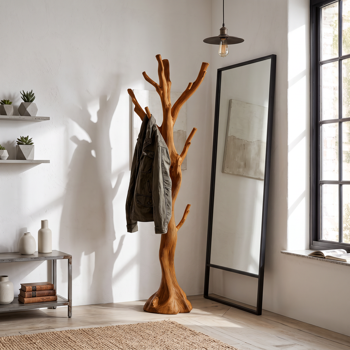 Rustic Driftwood Branch Tree Coat Rack with Optional Support Base in Brown finish