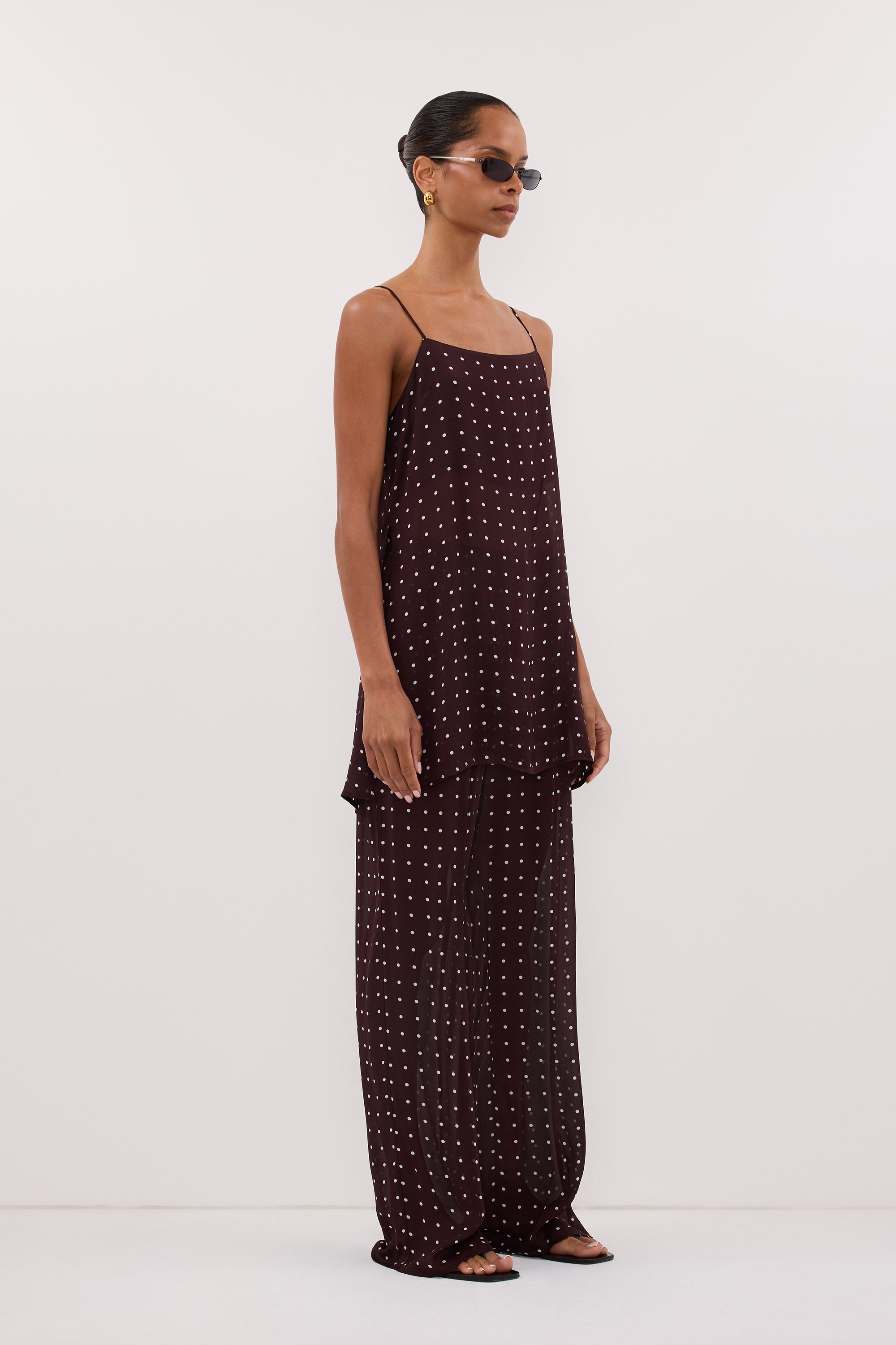 VANESSA BITTER CHOC SLEEVELESS SPOT CAMI TOP