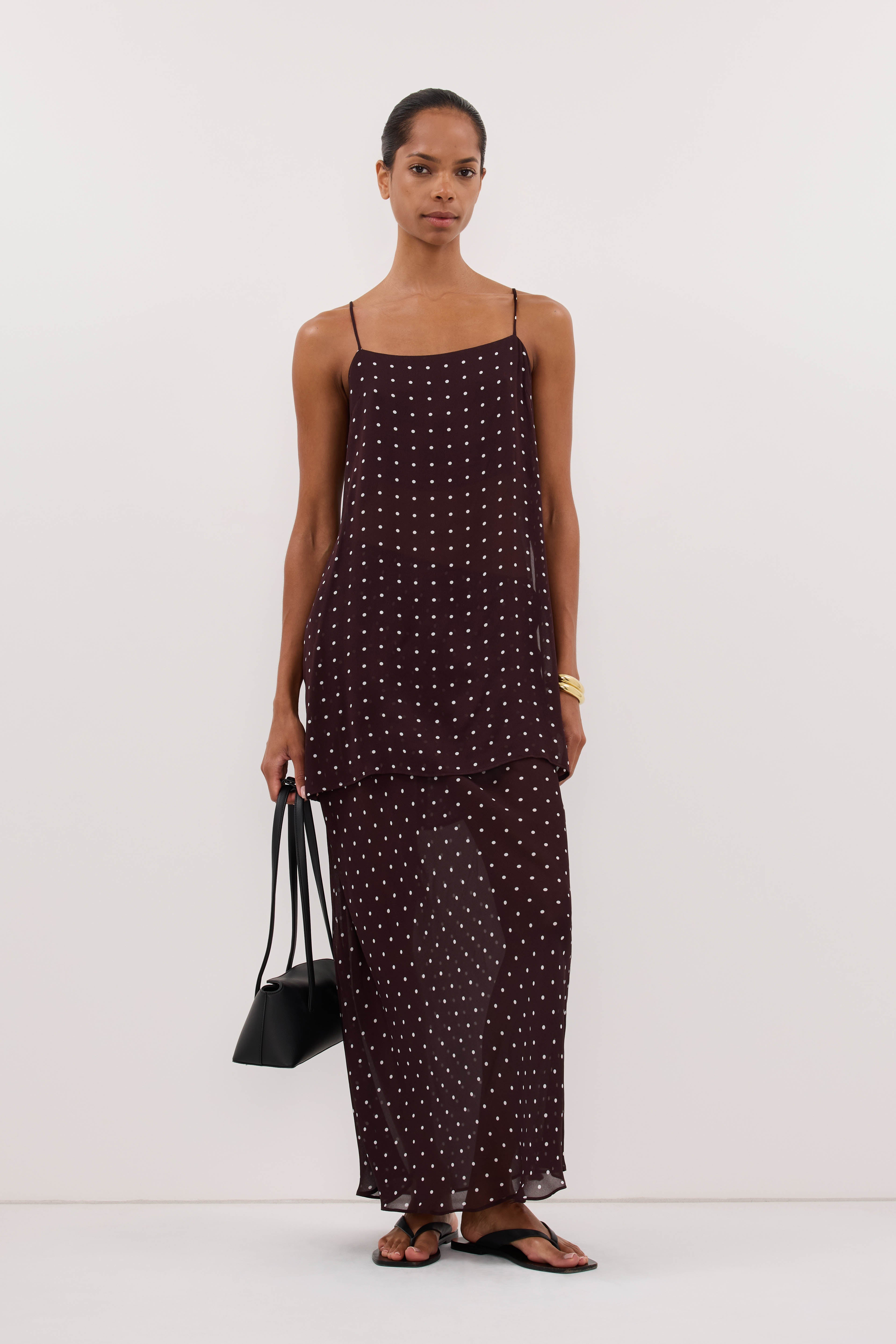 VANESSA BITTER CHOC SLEEVELESS SPOT CAMI TOP