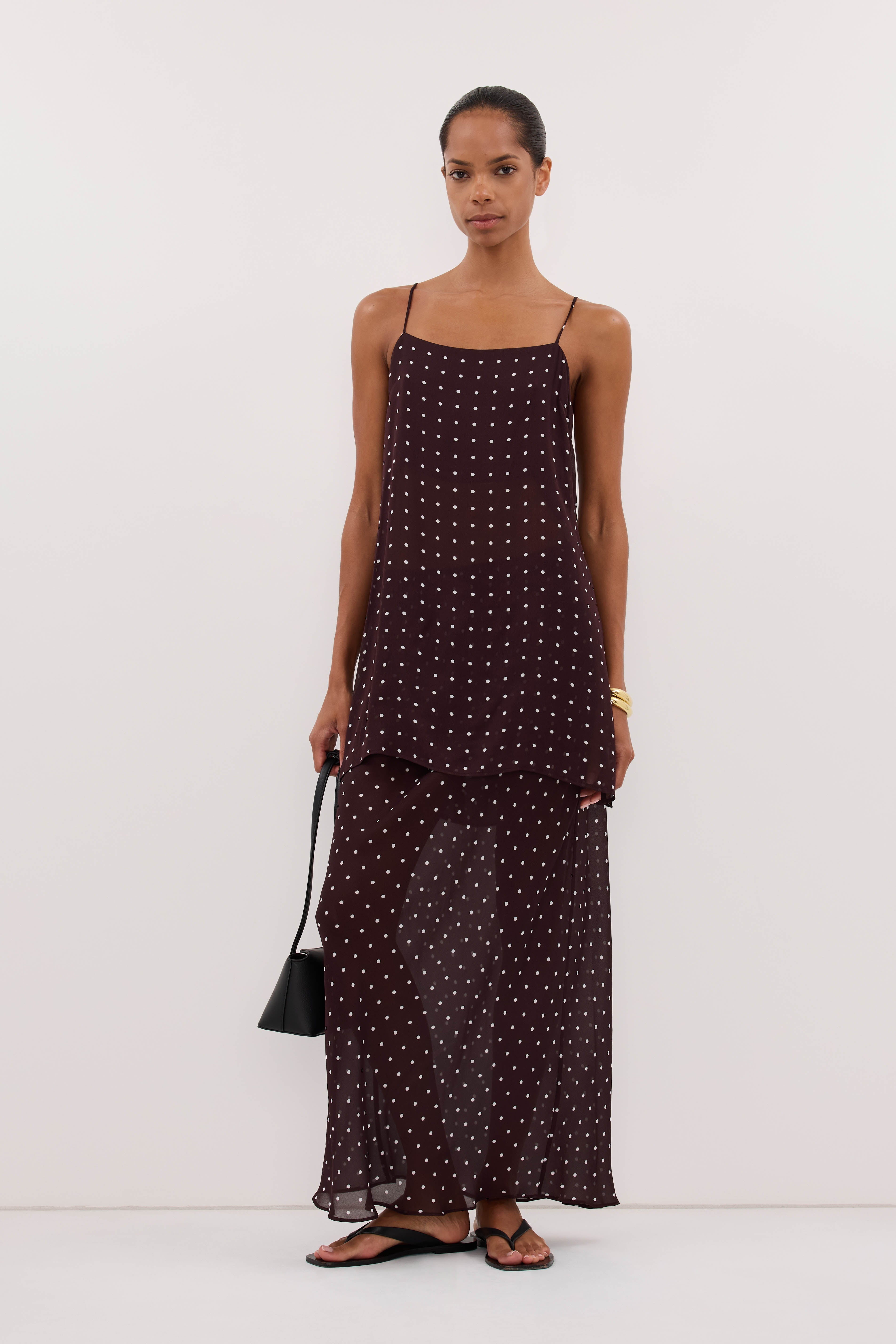 VANESSA BITTER CHOC SHEER SPOT MIDI SKIRT