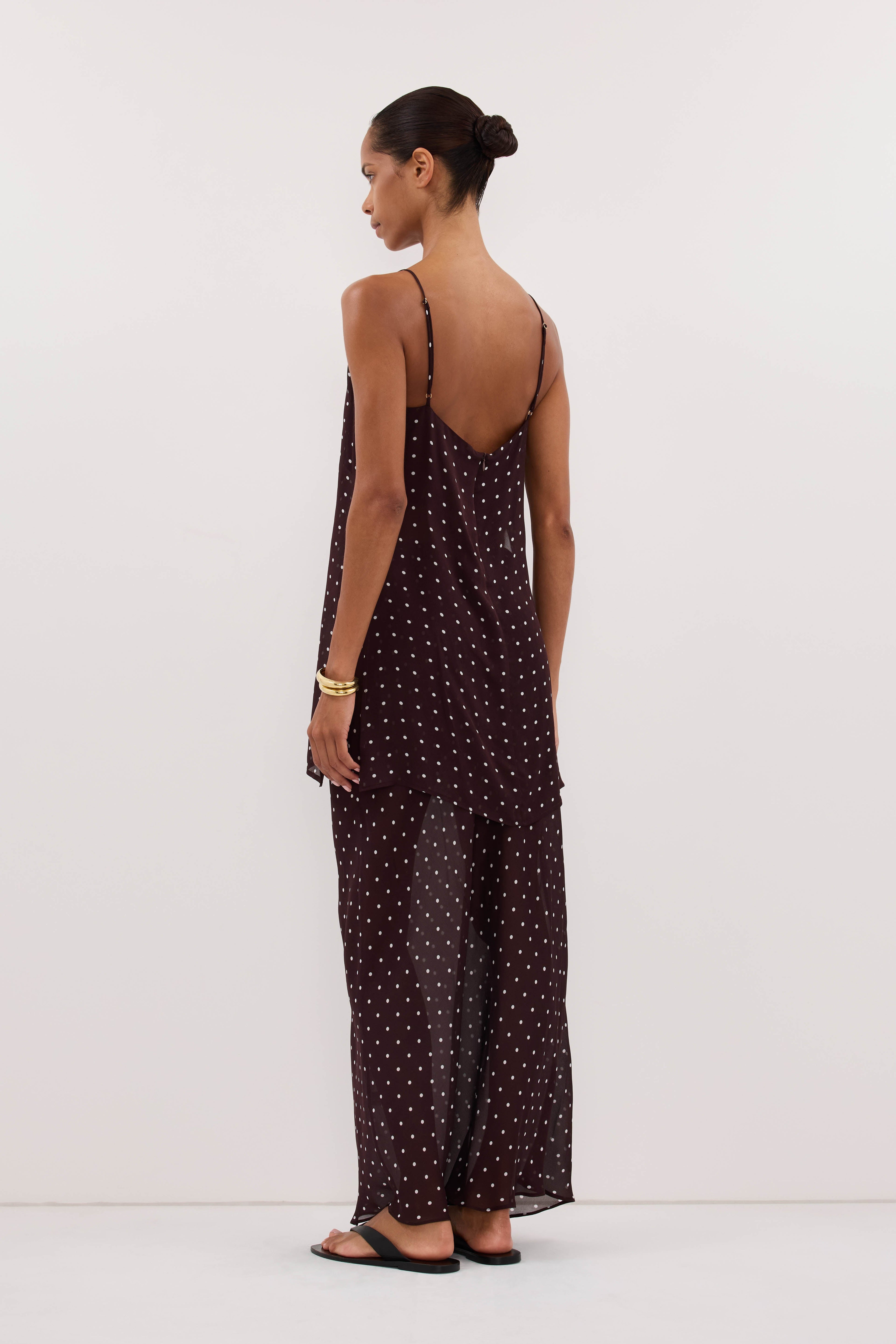 VANESSA BITTER CHOC SHEER SPOT MIDI SKIRT
