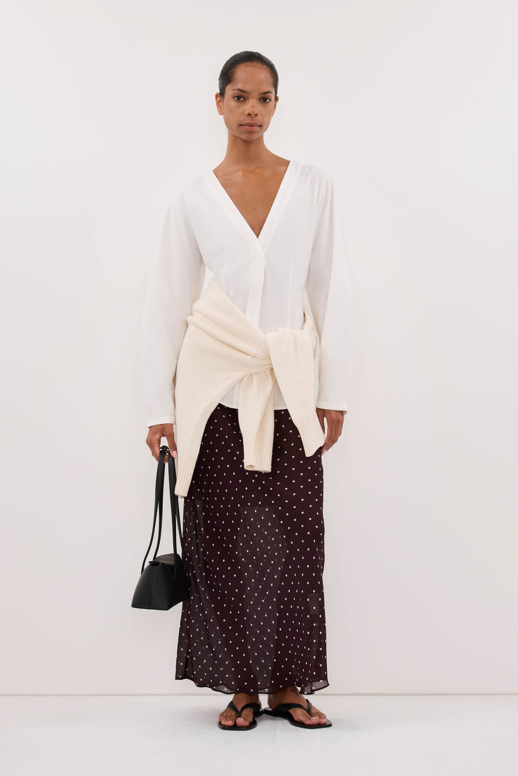 VANESSA BITTER CHOC SHEER SPOT MIDI SKIRT