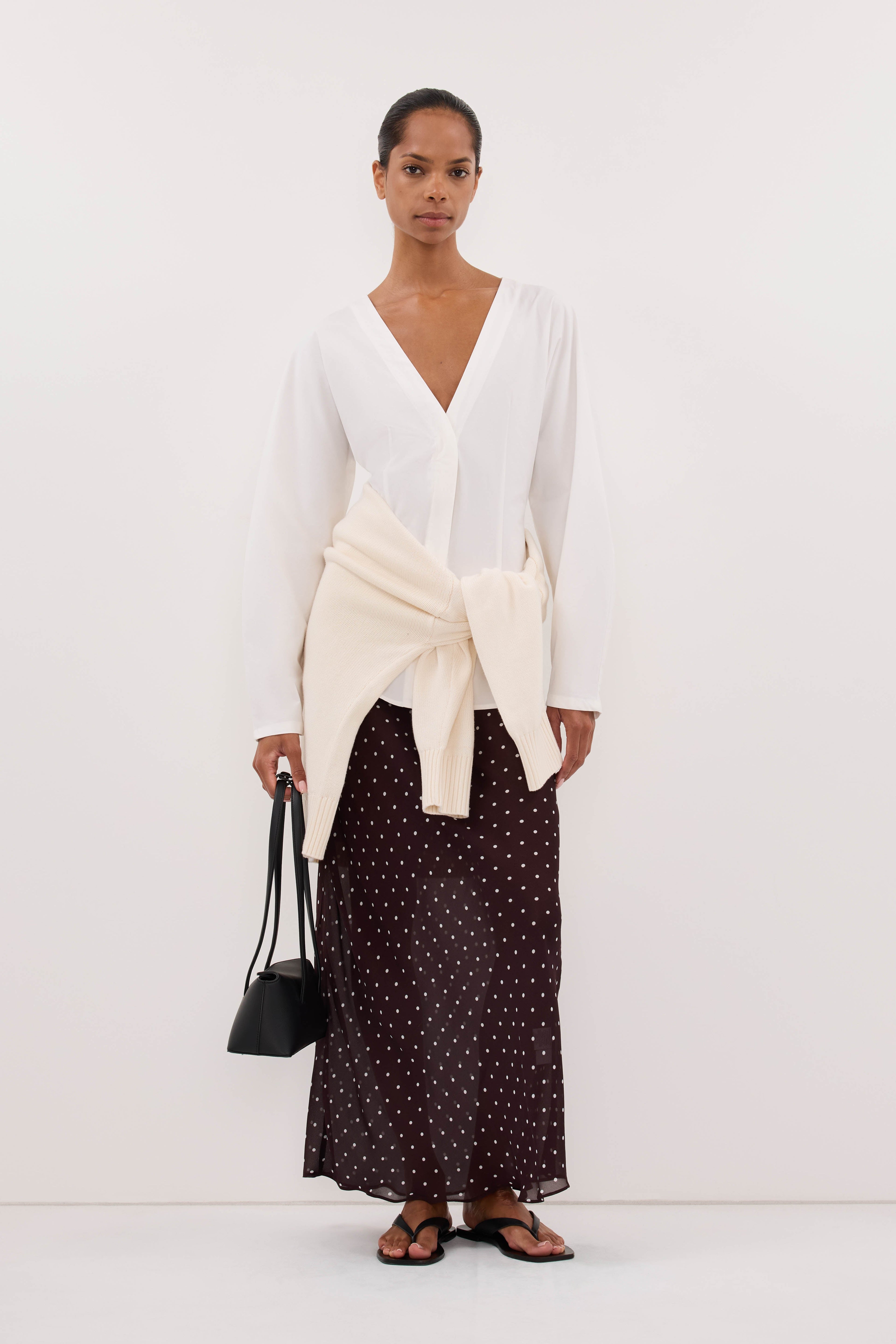 VANESSA BITTER CHOC SHEER SPOT MIDI SKIRT