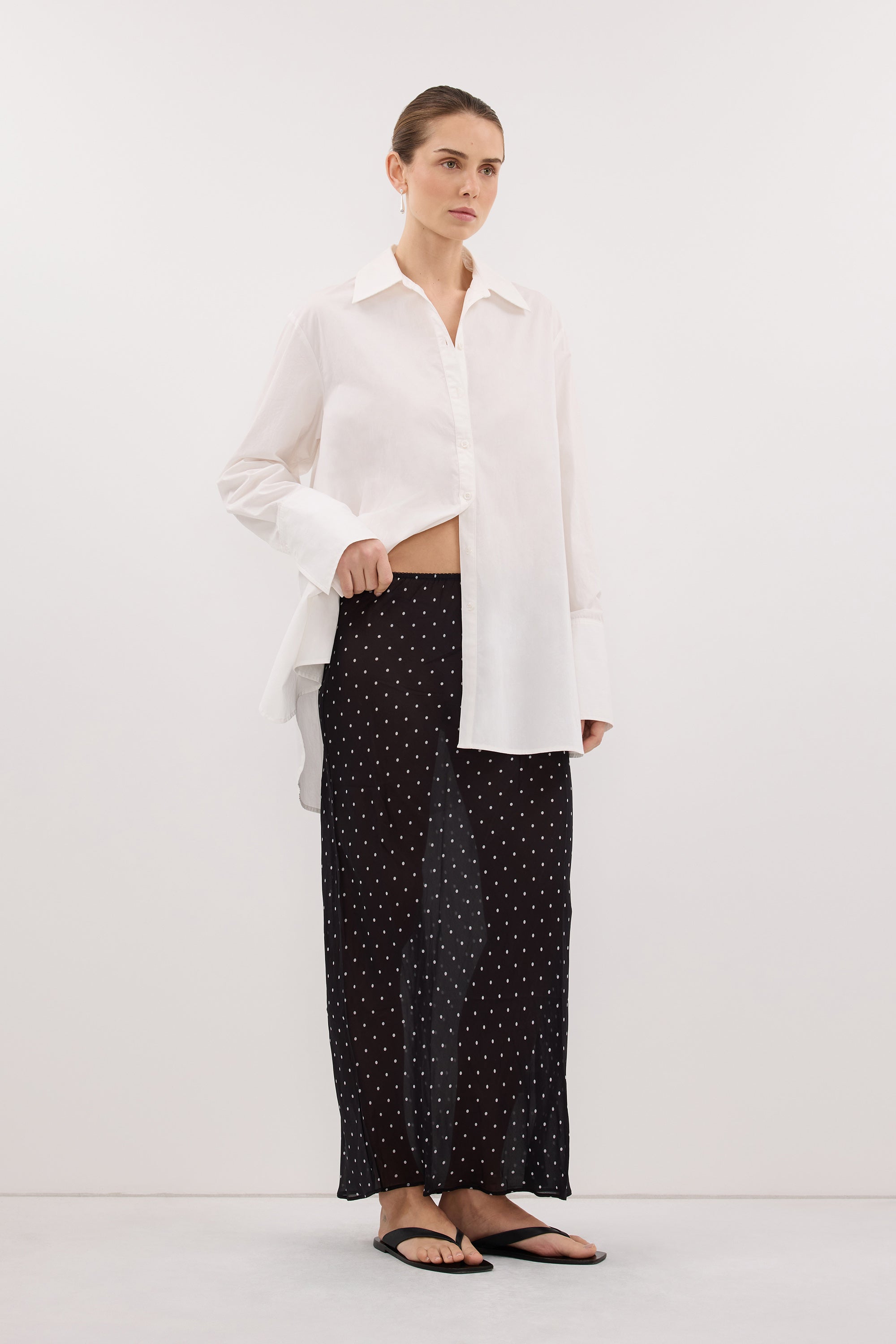 VANESSA BLACK SHEER SPOT MIDI SKIRT