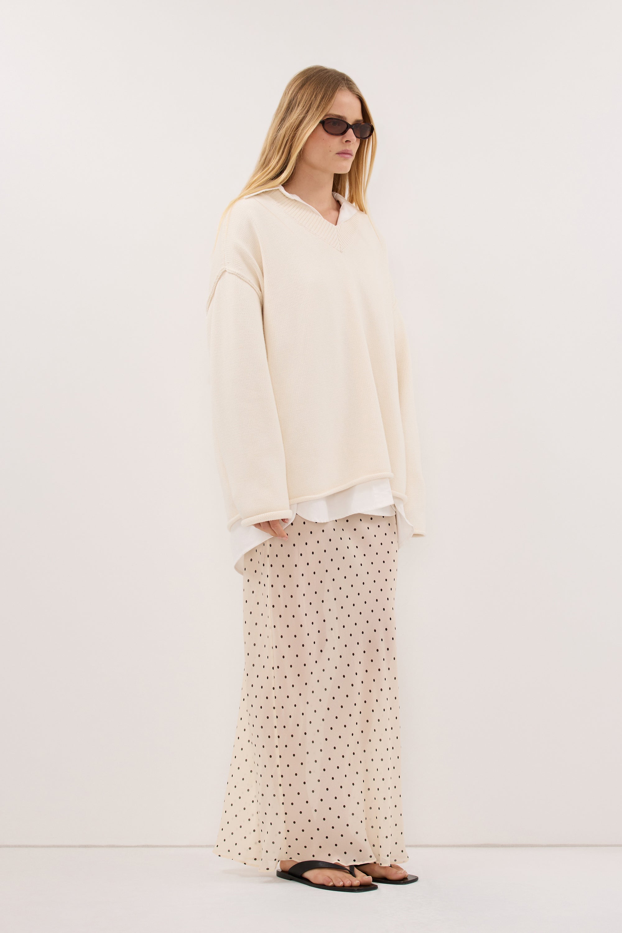 VANESSA SANDSTONE SHEER SPOT MIDI SKIRT