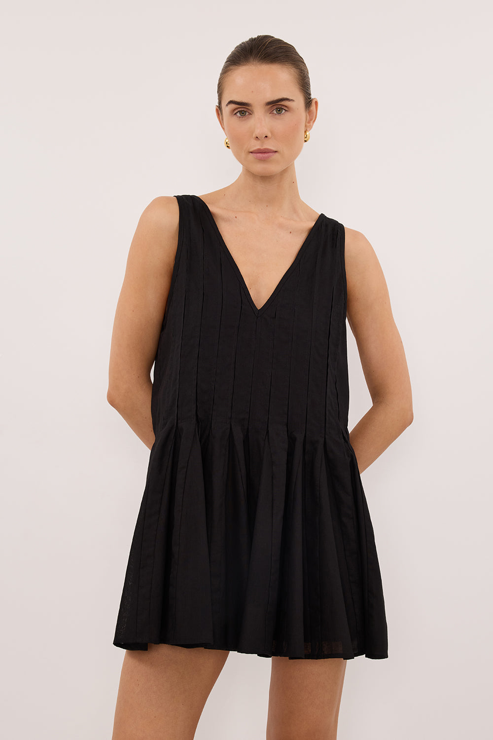PIXIE BLACK LINEN MINI GODET DRESS