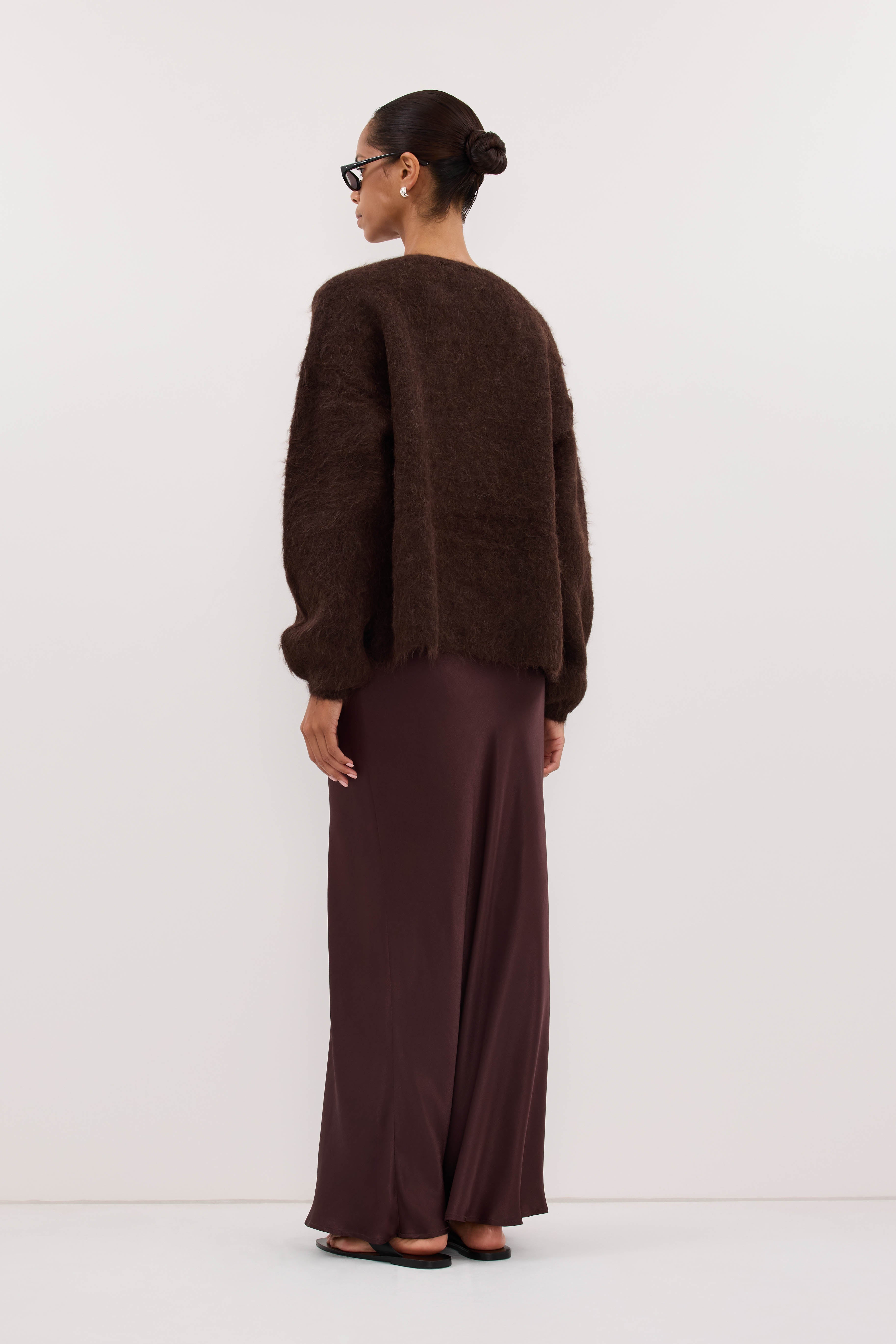 JOEY PLUM CHOC SATIN MAXI DRESS