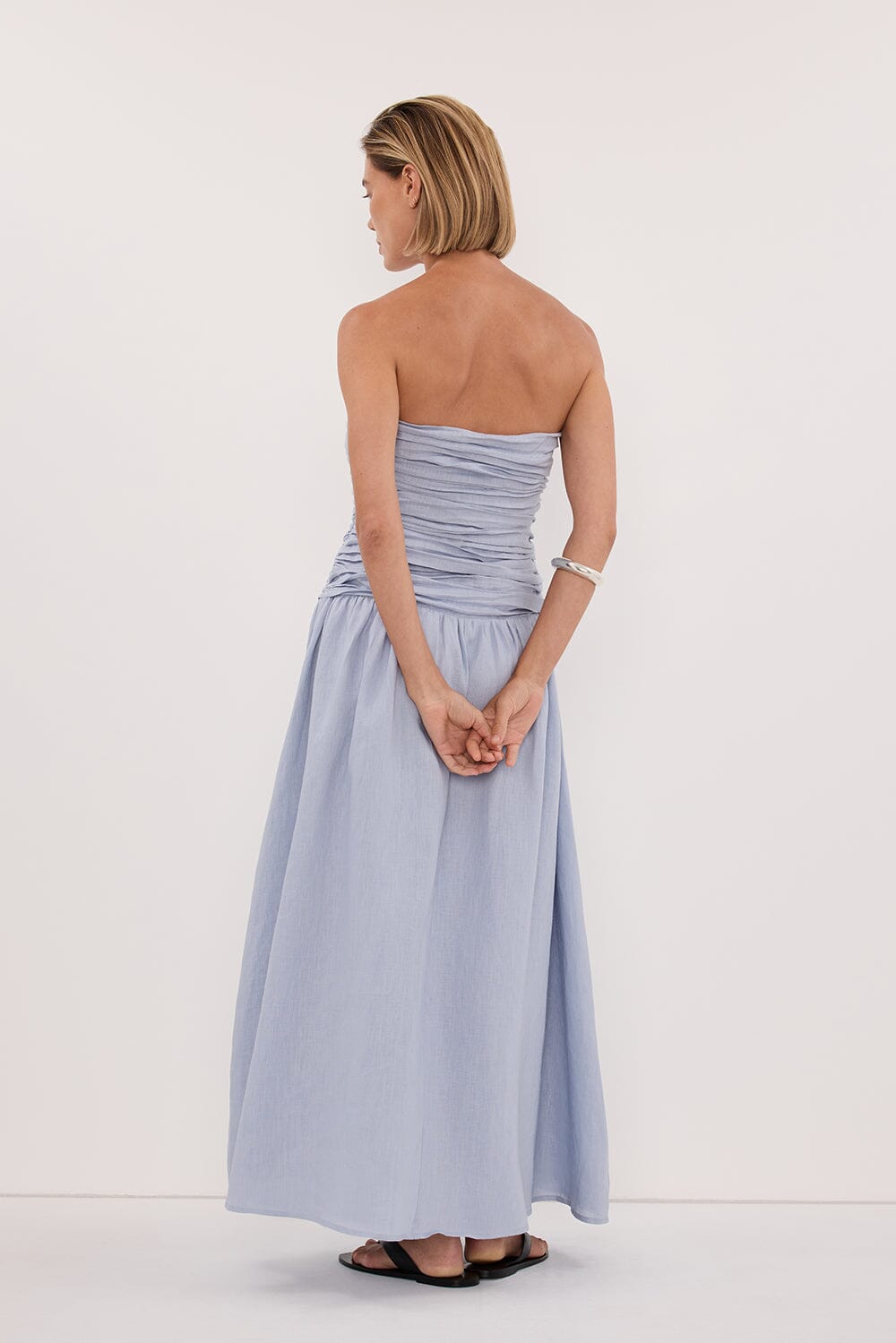 AUBRIELLA DUSTY BLUE LINEN MIDI DRESS