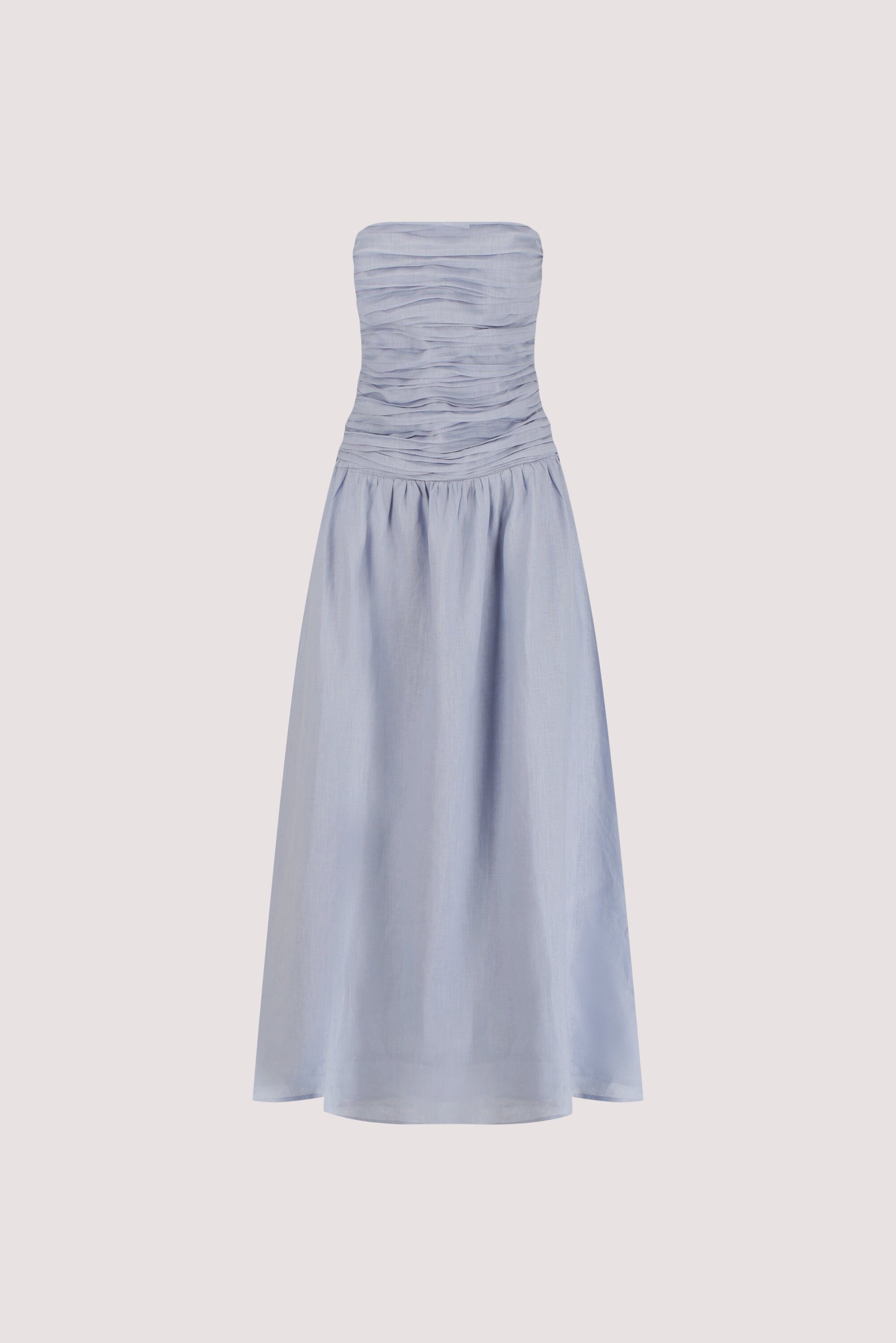 AUBRIELLA DUSTY BLUE LINEN MIDI DRESS