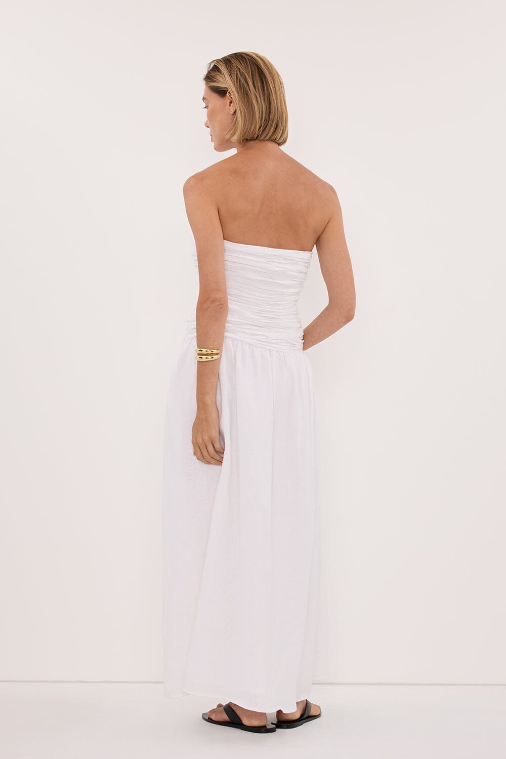 AUBRIELLA WHITE LINEN MIDI DRESS