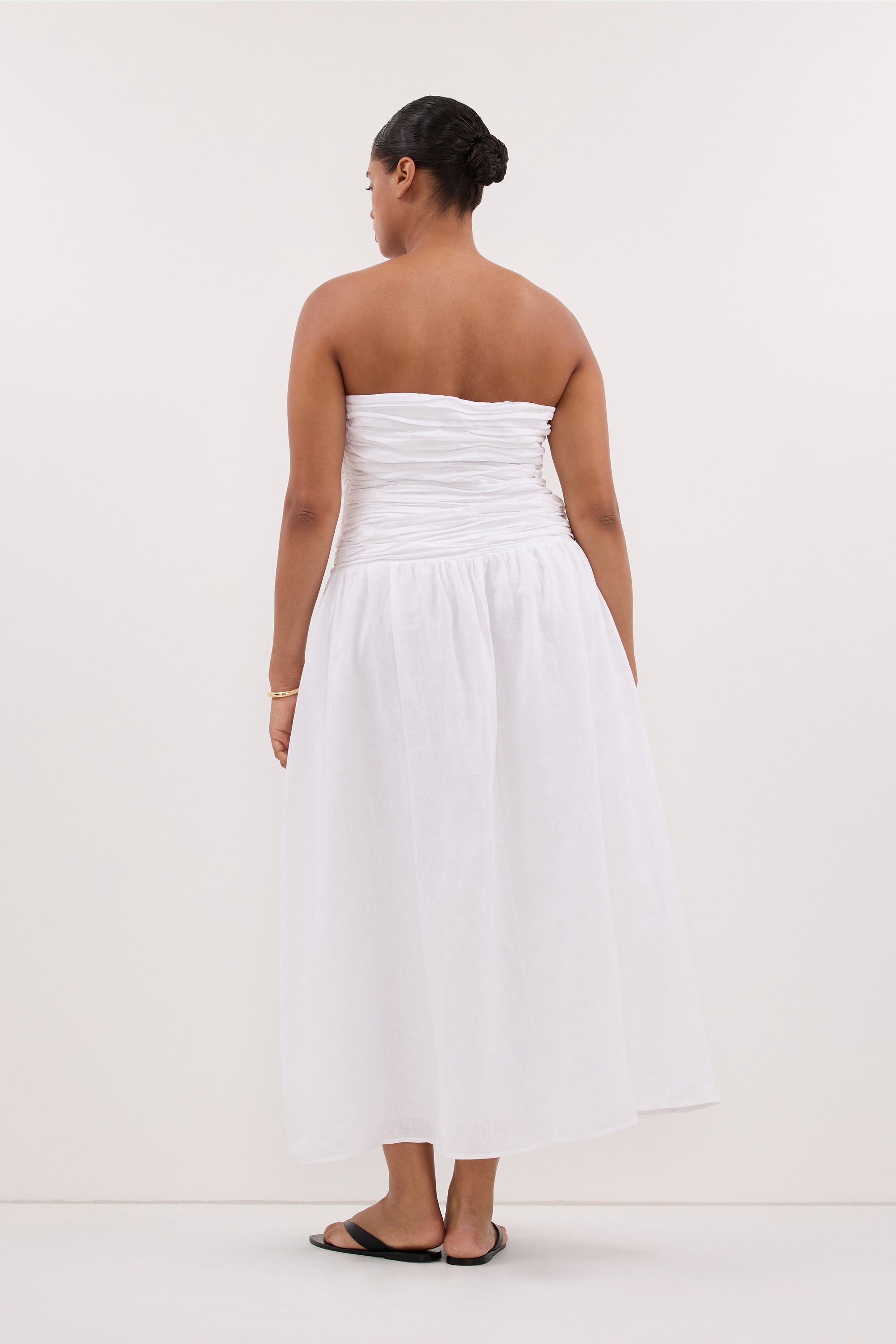 AUBRIELLA WHITE LINEN MIDI DRESS
