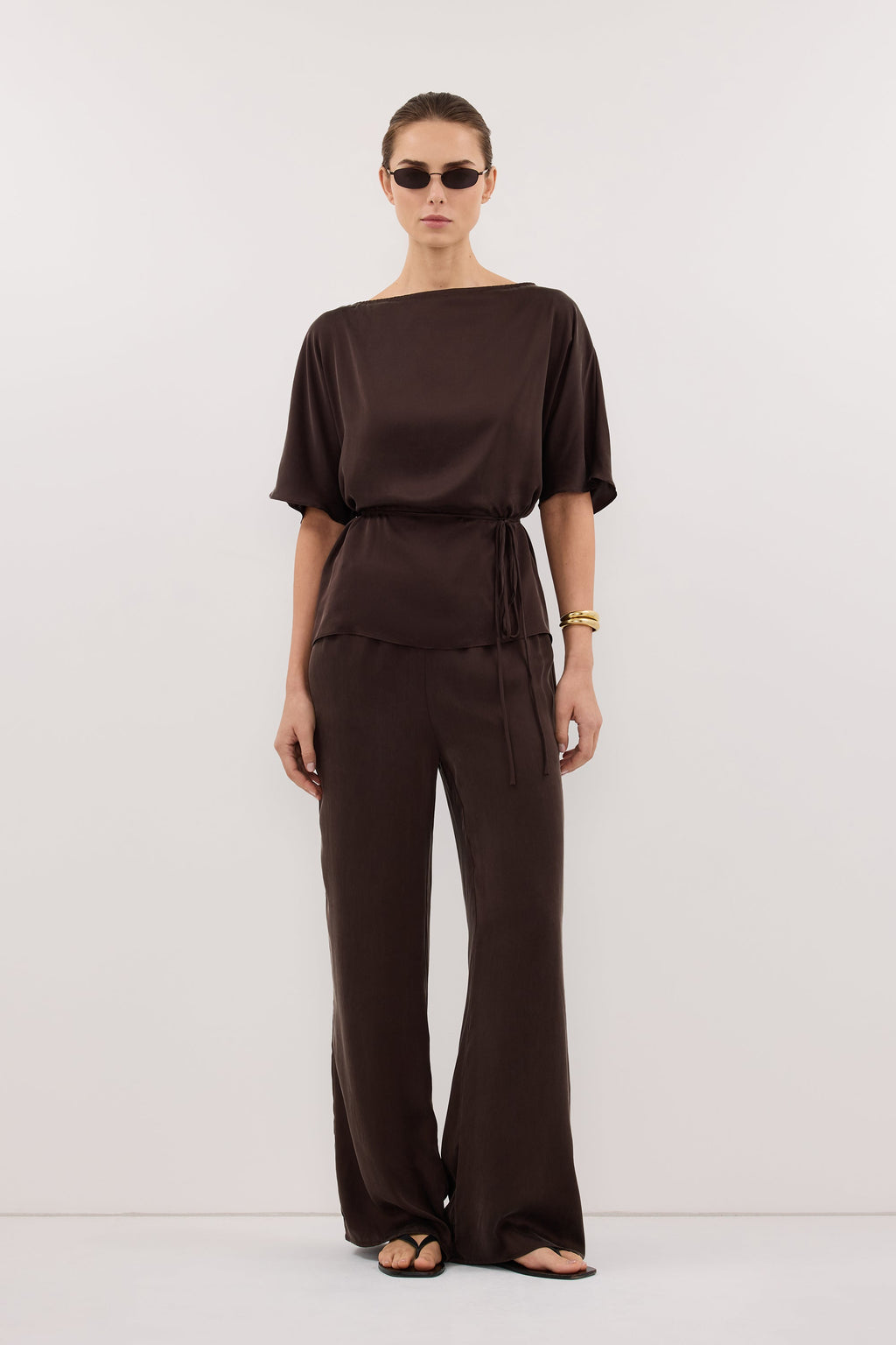 CORY BITTER CHOC SILK ASYM BATWING TOP