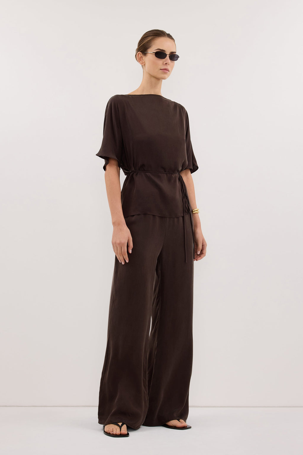 CORY BITTER CHOC SILK ASYM BATWING TOP