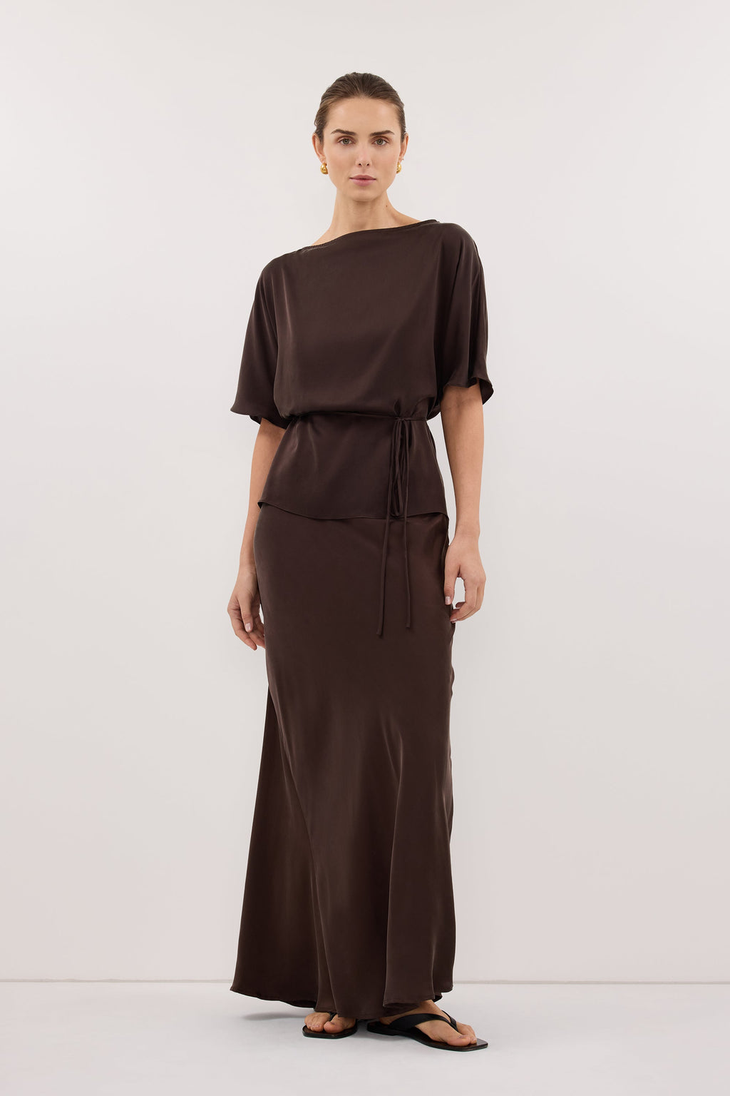 CORY BITTER CHOC SILK ASYM BATWING TOP