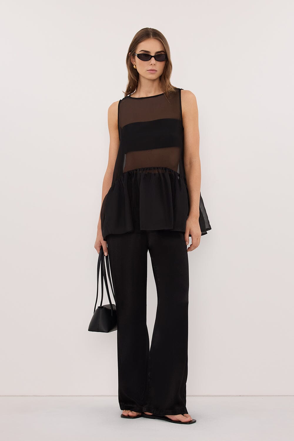 SIAN BLACK SILK ORGANZA DROP WAIST TOP