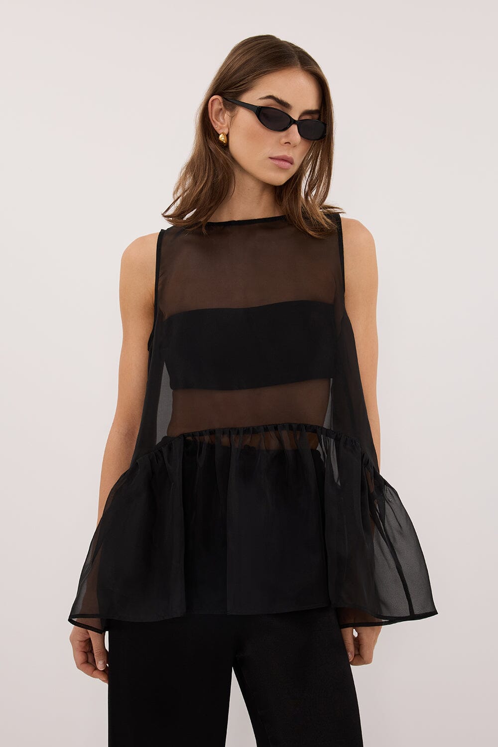 SIAN BLACK SILK ORGANZA DROP WAIST TOP
