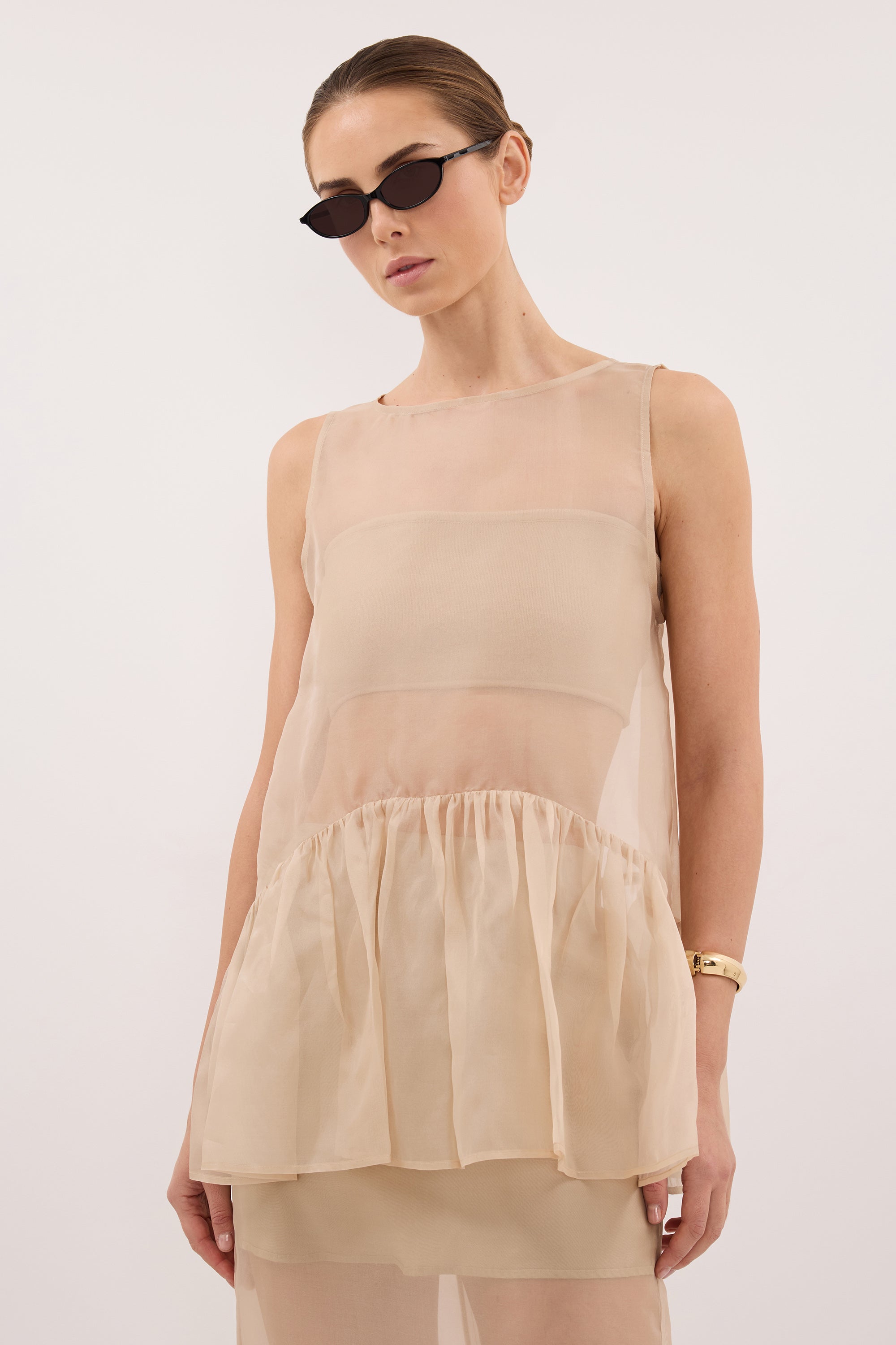 SIAN GOLD SILK ORGANZA DROP WAIST TOP