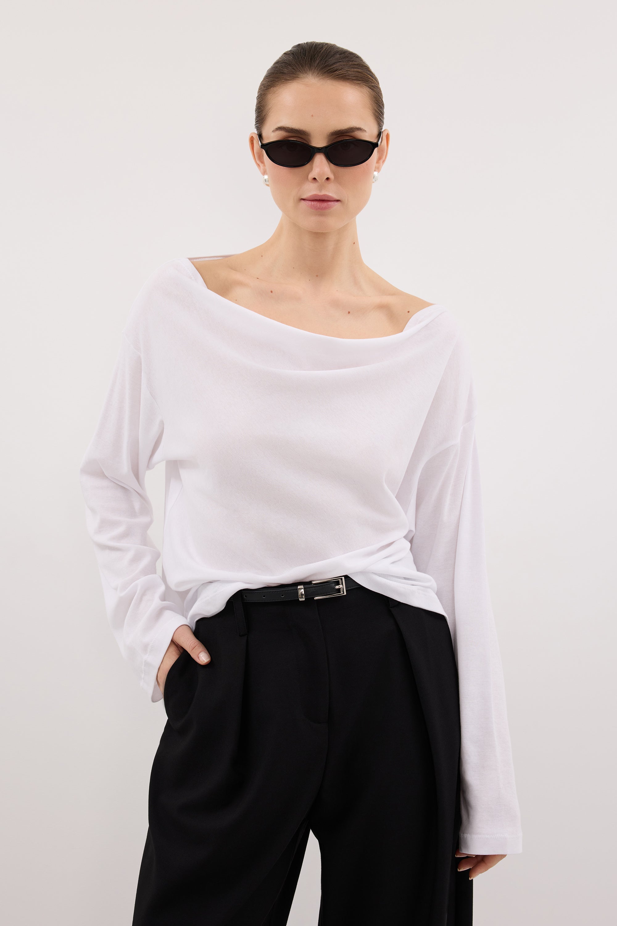 ORELIA WHITE COWL NECK SLEEVED TOP