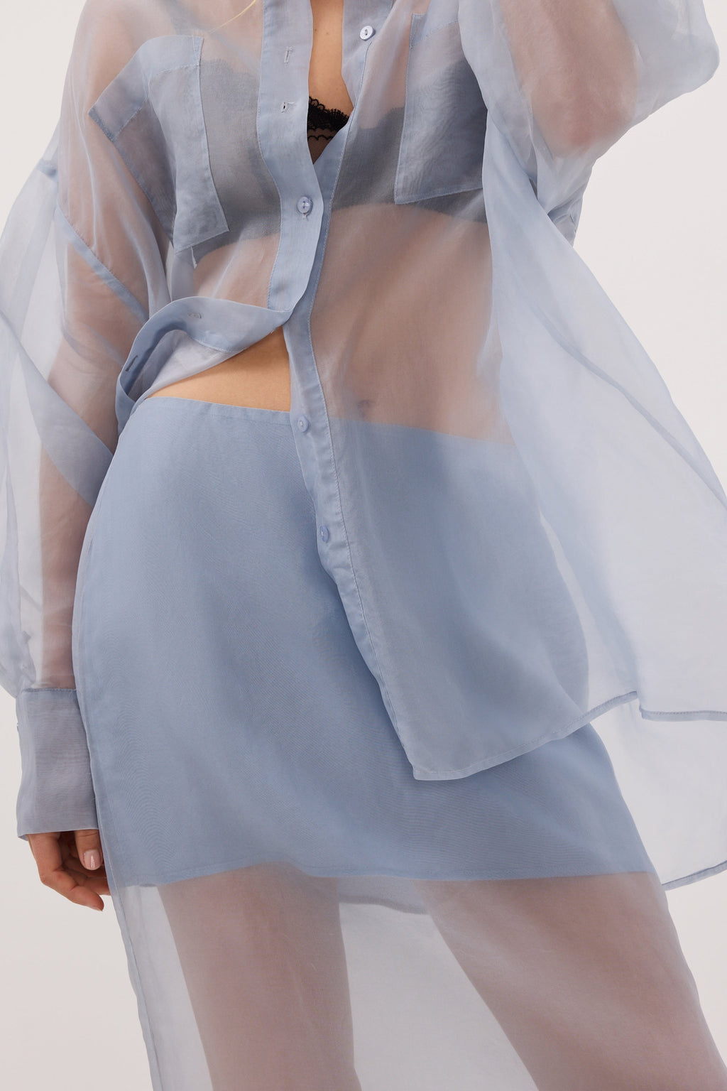 SIAN DUSTY BLUE SILK ORGANZA MIDI SKIRT