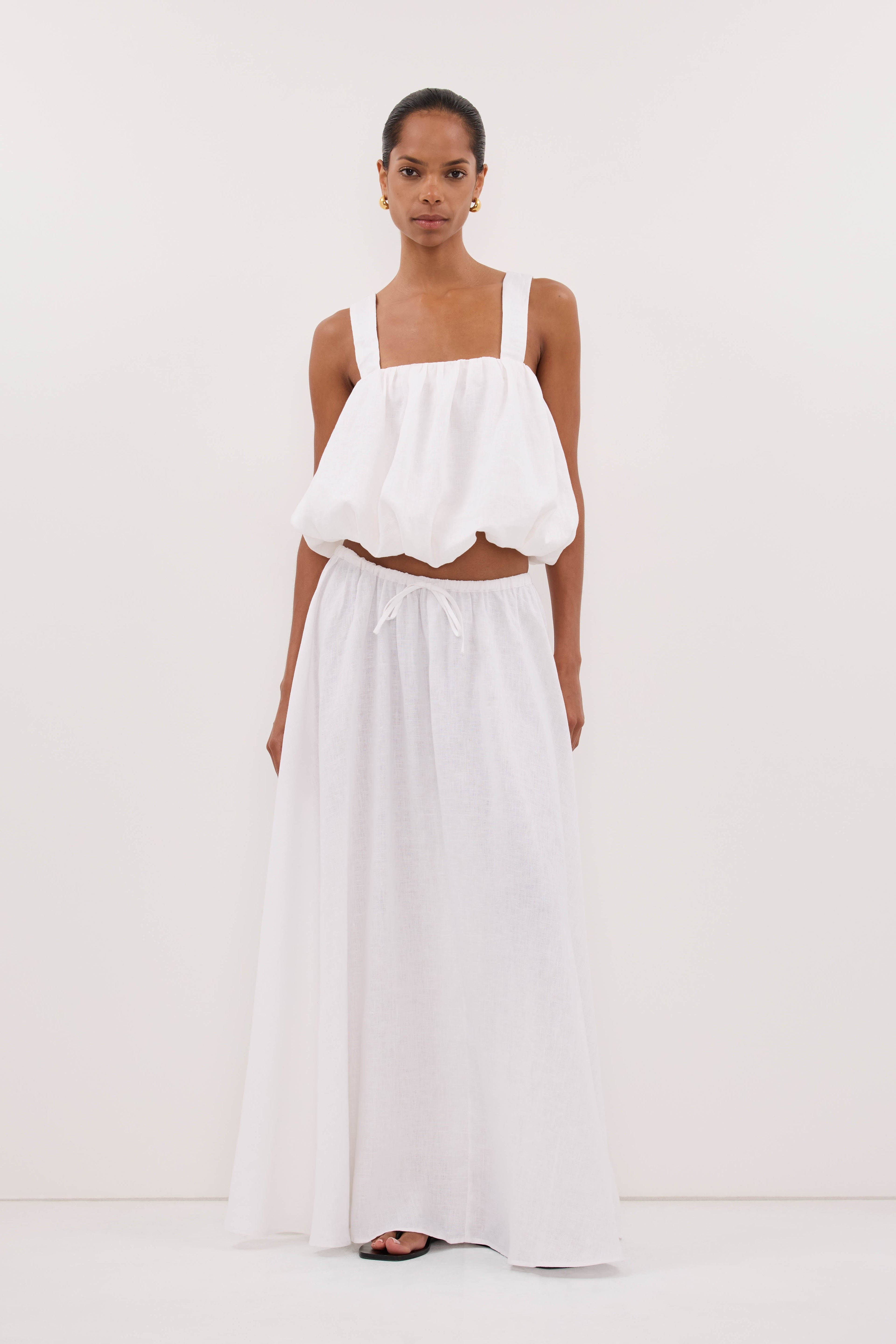 RAVELLO WHITE LINEN MIDI SKIRT