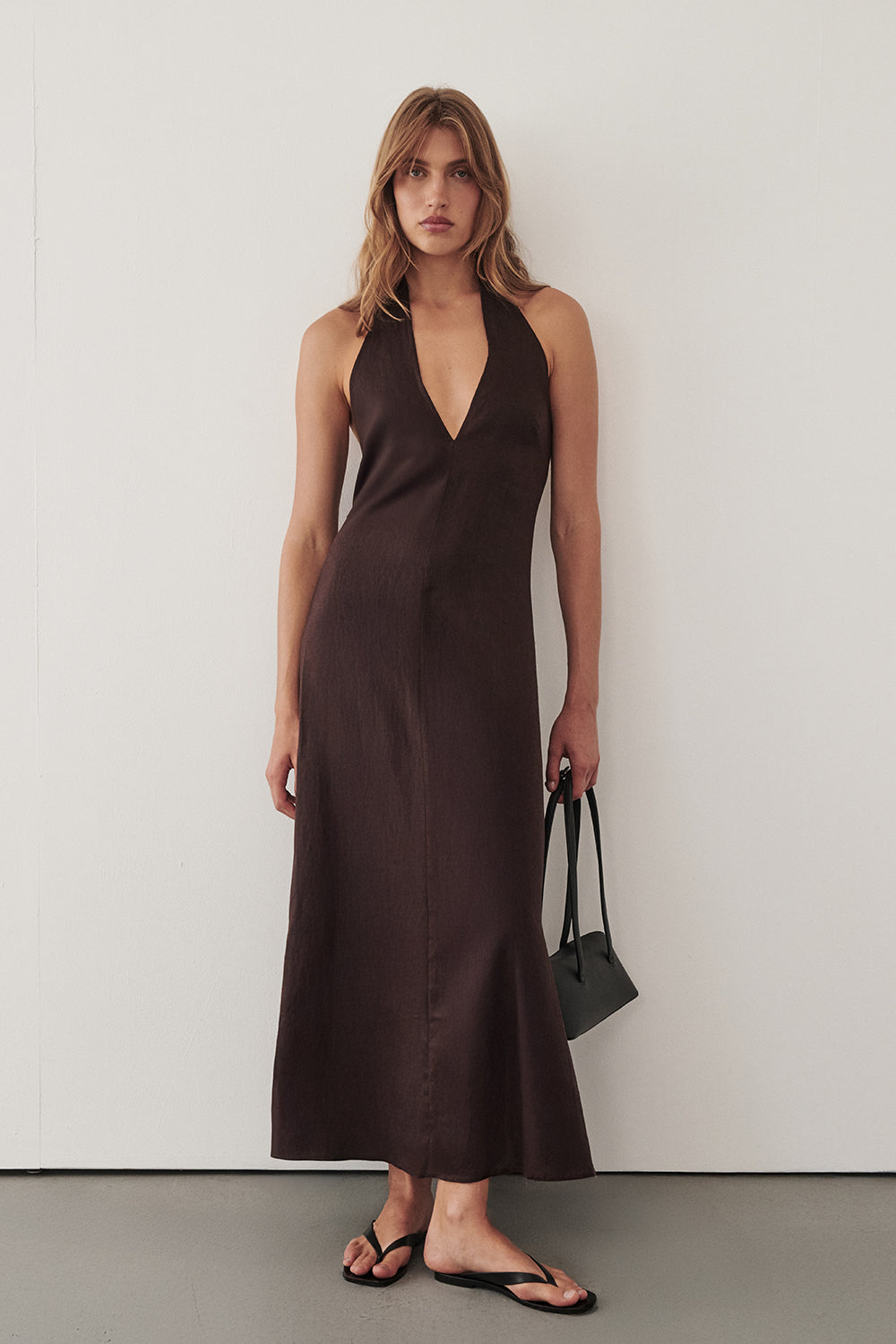 SKY BURNT CHOC LINEN MIDI DRESS