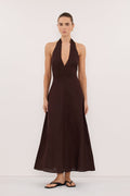 SKY BURNT CHOC LINEN MIDI DRESS