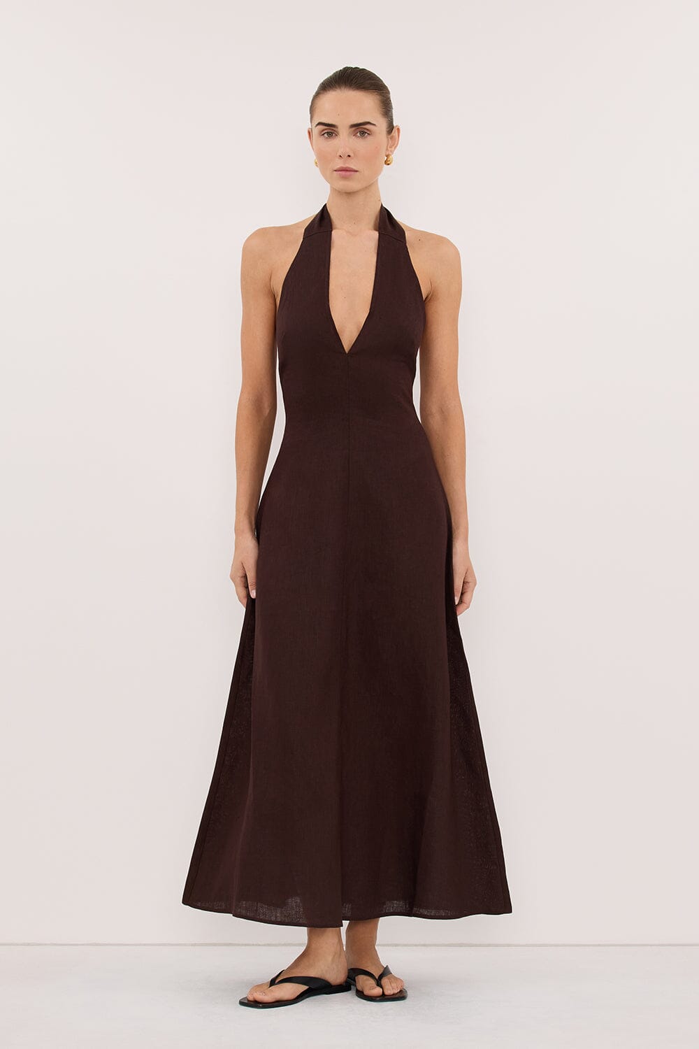 SKY BURNT CHOC LINEN MIDI DRESS