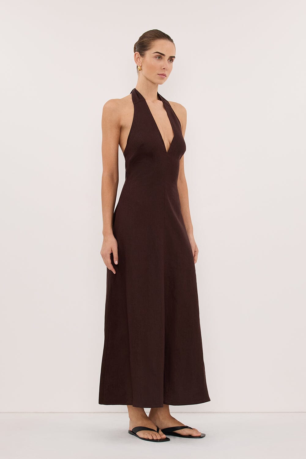 SKY BURNT CHOC LINEN MIDI DRESS