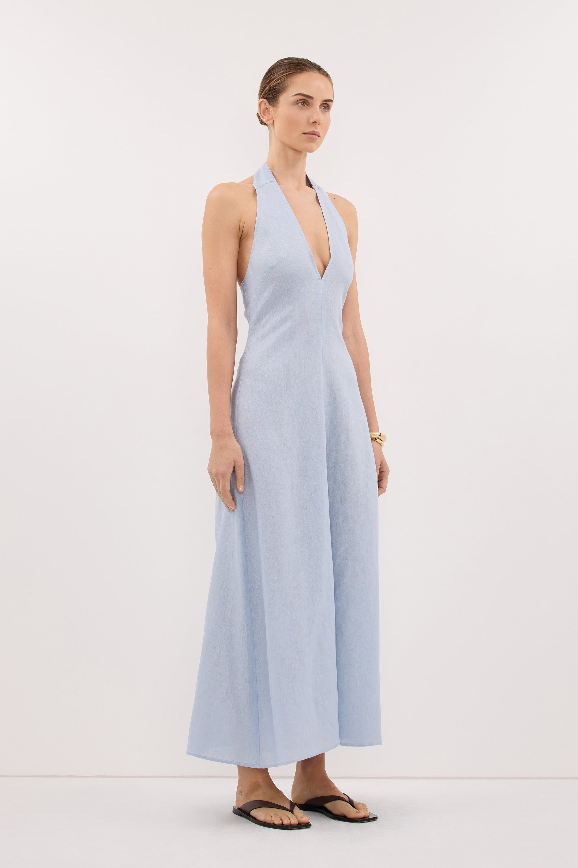 SKY DUSTY BLUE LINEN MIDI DRESS