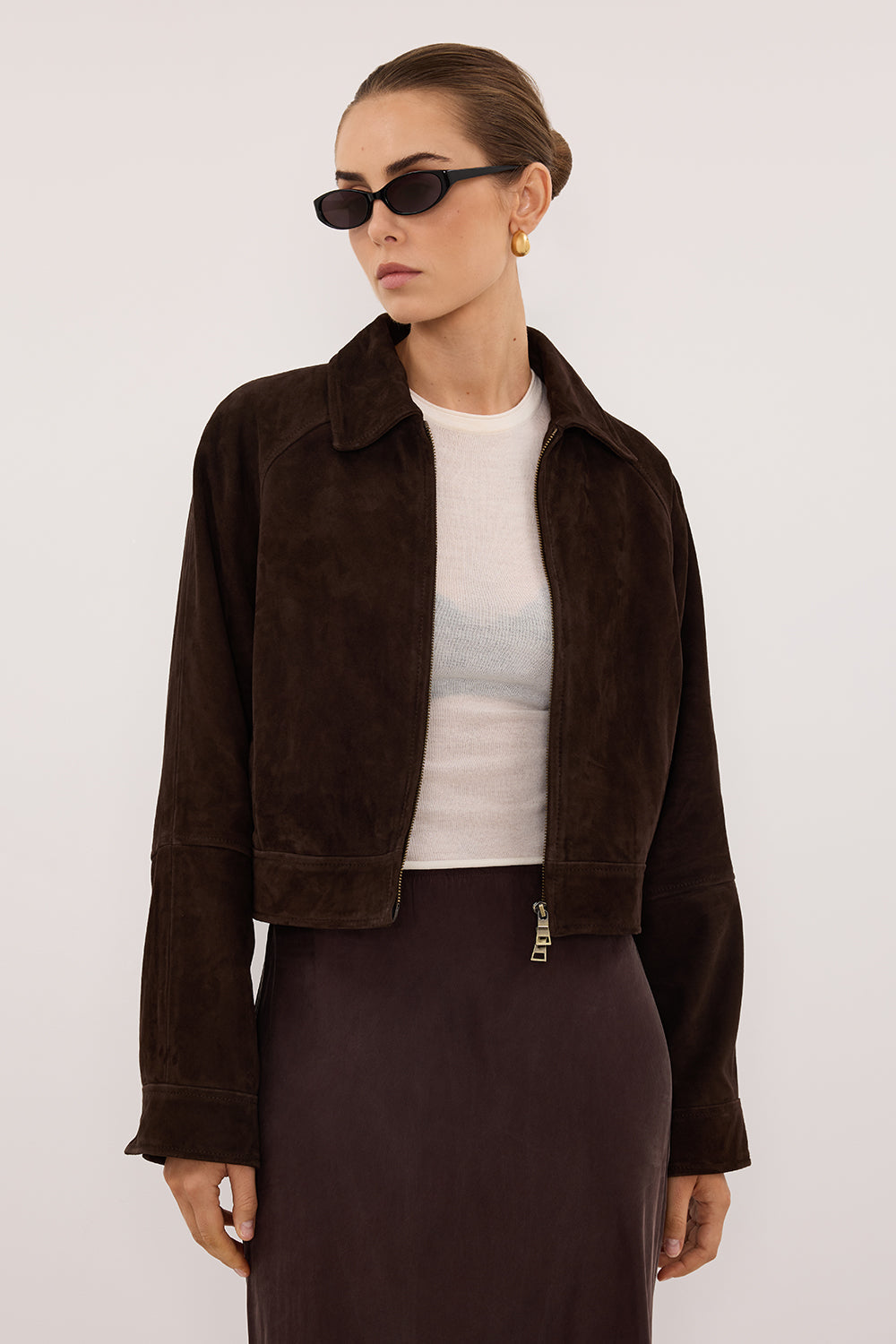 MAEVE BITTER CHOC SUEDE CROPPED JACKET