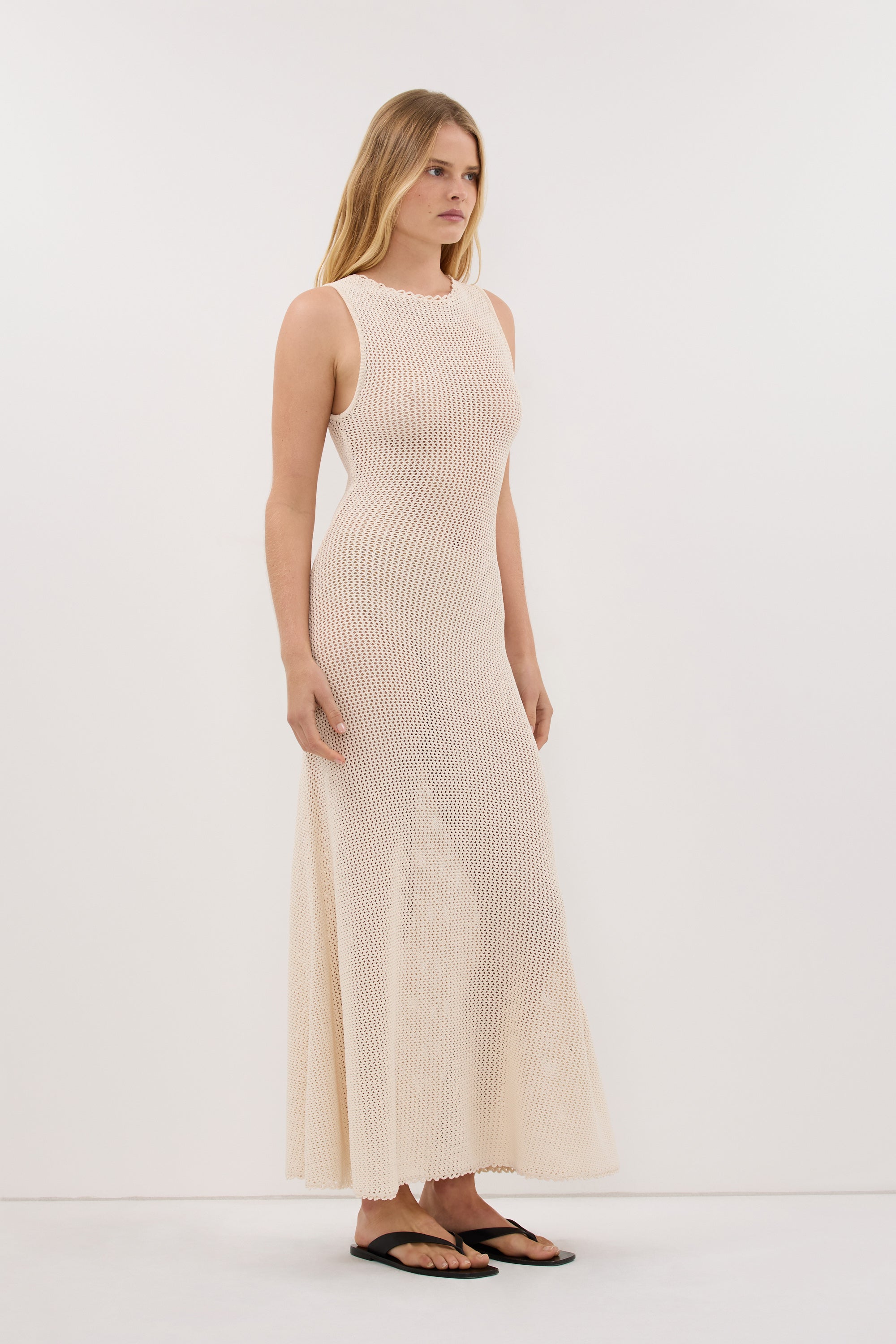 NALIA NATURAL OPEN KNIT MIDI DRESS