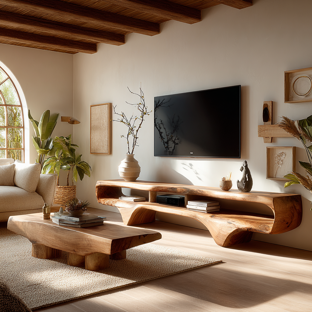Solid Wood Sculptural TV Console with Wave Profile and Open Shelves