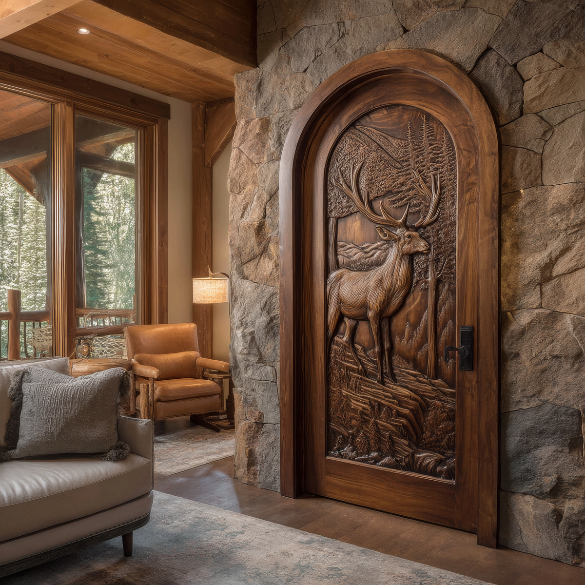 Carved Deer and Mountain Landscape Solid Wood Arched Single Door