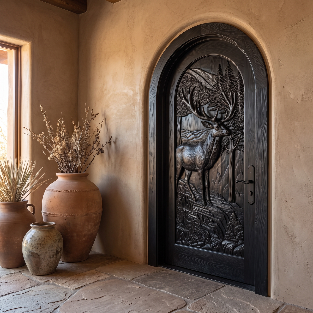 Carved Deer and Mountain Landscape Solid Wood Arched Single Door in Black finish