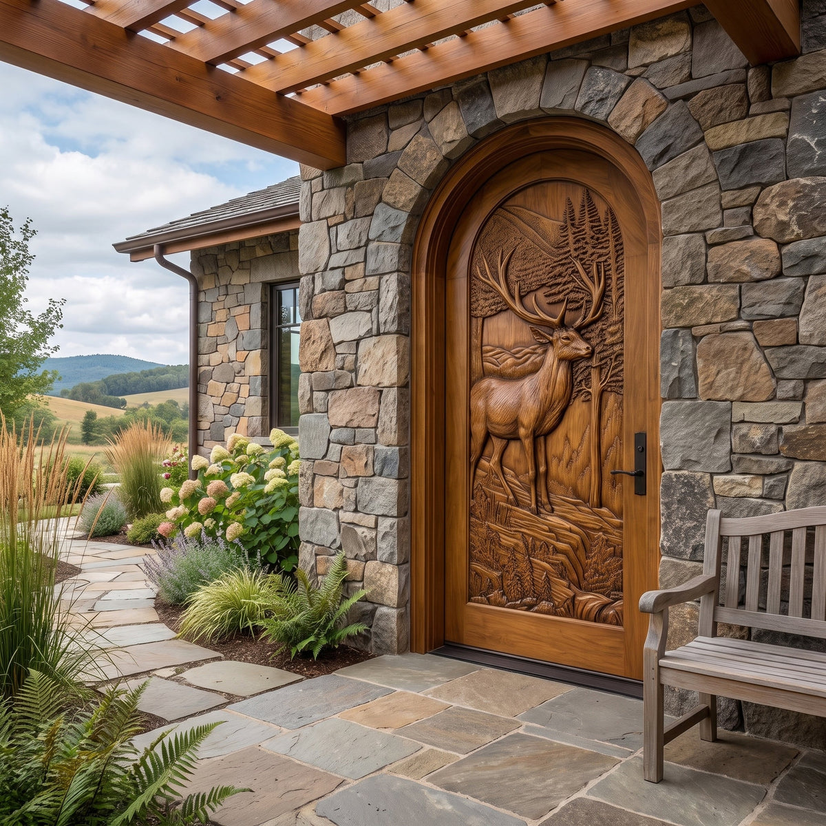 Carved Deer and Mountain Landscape Solid Wood Arched Single Door in Brown finish