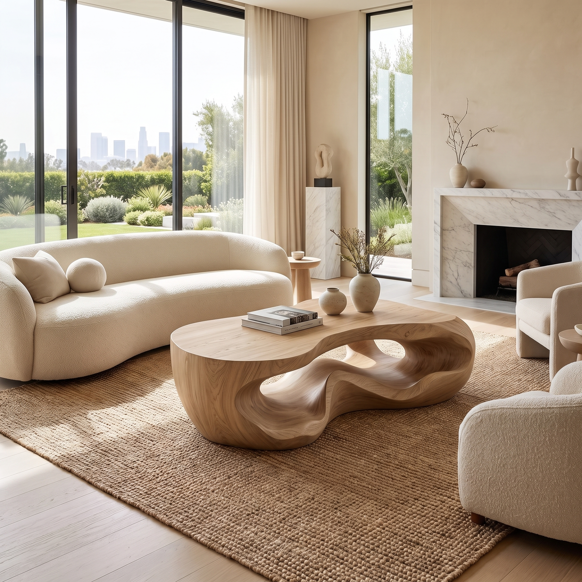 Freeform Sculpted Solid Hardwood Coffee Table with Carved Base in Natural Oak finish