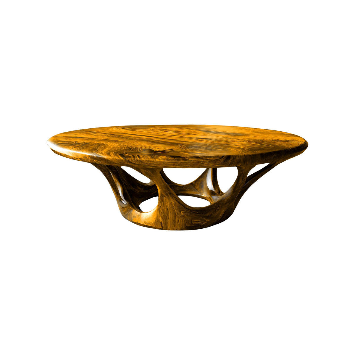 Sculpted Solid Wood Round Coffee Table with Hollowed Base in Teak finish