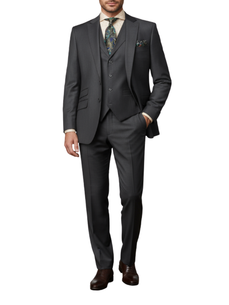 Men's Textured Charcoal Gray Classic Fit Peak Lapel 3-Piece Wool Suit