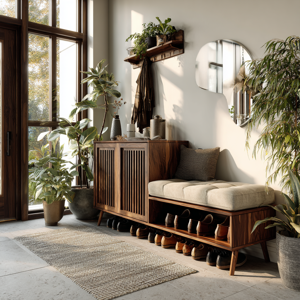 Solid Wood Entryway Bench and Shoe Rack with Slatted Low Cabinet