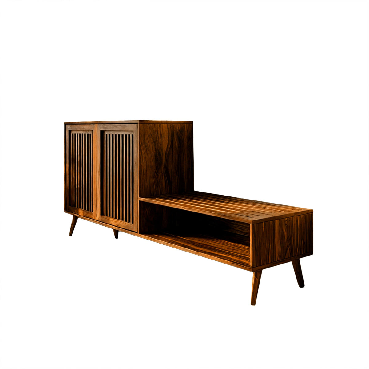 Solid Wood Entryway Bench and Shoe Rack with Slatted Low Cabinet in Brown finish