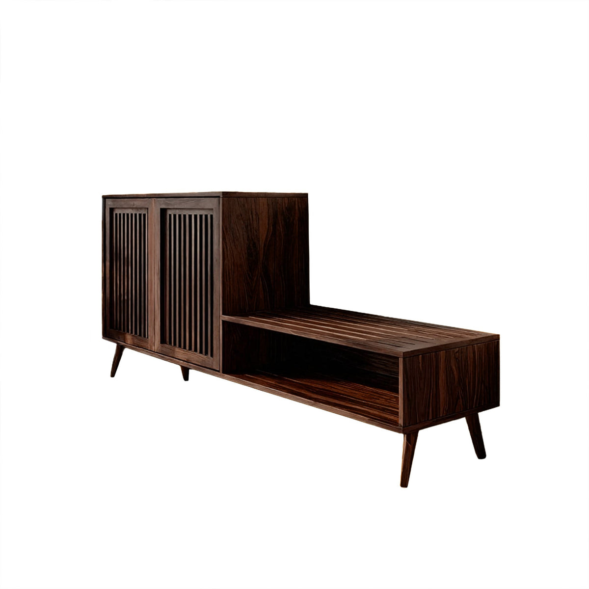 Solid Wood Entryway Bench and Shoe Rack with Slatted Low Cabinet in Dark Walnut finish