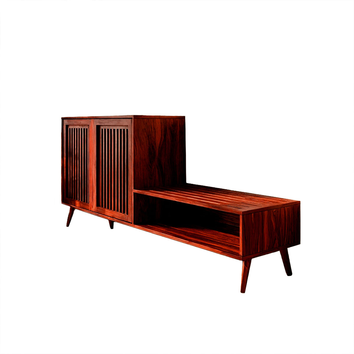 Solid Wood Entryway Bench and Shoe Rack with Slatted Low Cabinet in Mahogany finish